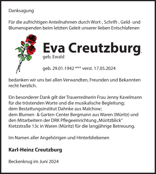 Traueranzeige von Eva Creutzburg 