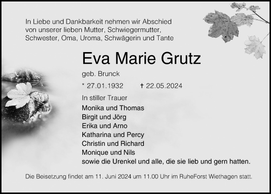 Traueranzeige von Eva Marie Grutz 
