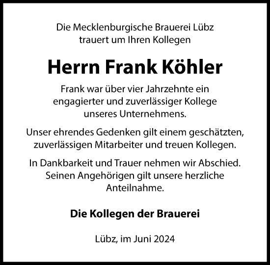 Traueranzeige von Frank Köhler von Parchim und Lübz