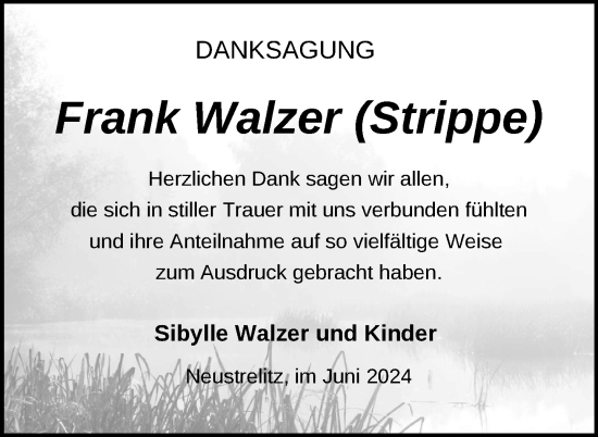 Traueranzeige von Frank Walzer von Nordkurier Strelitzer Zeitung