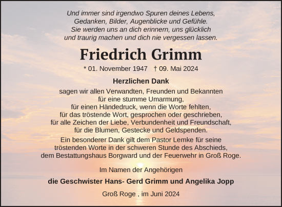 Traueranzeige von Friedrich Grimm von Nordkurier Mecklenburger Schweiz