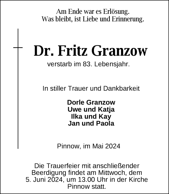 Traueranzeige von Fritz Granzow 