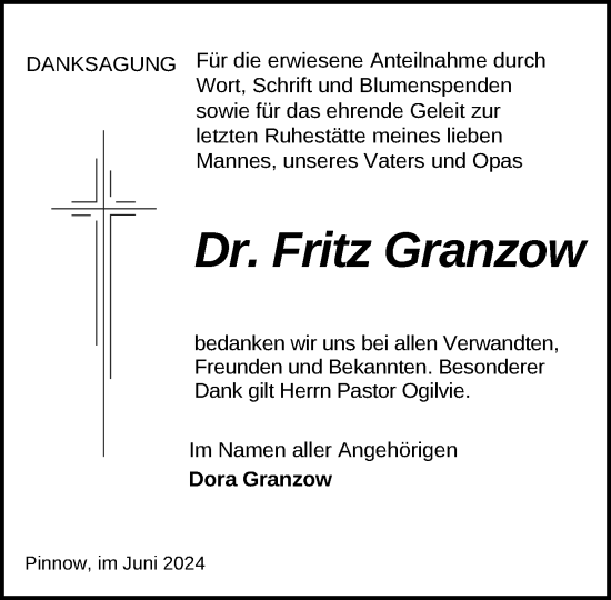 Traueranzeige von Fritz Granzow von Zeitung für die Landeshauptstadt