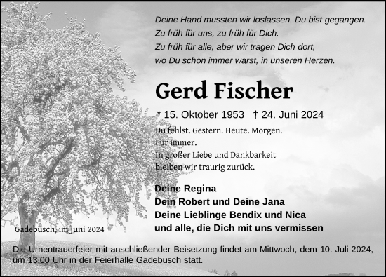 Traueranzeige von Gerd Fischer von Gadebusch - Rehnaer Zeitung