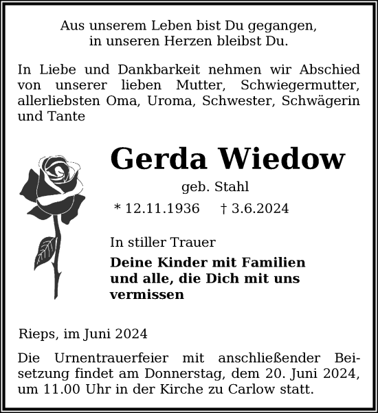 Traueranzeige von Gerda Wiedow von Gadebusch - Rehnaer Zeitung