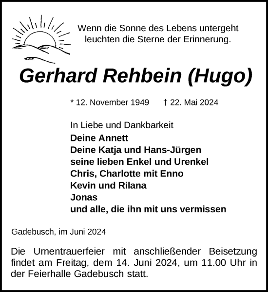 Traueranzeige von Gerhard Rehbein 