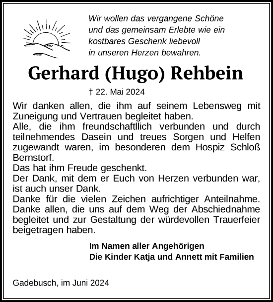 Traueranzeige von Gerhard Rehbein von Gadebusch - Rehnaer Zeitung