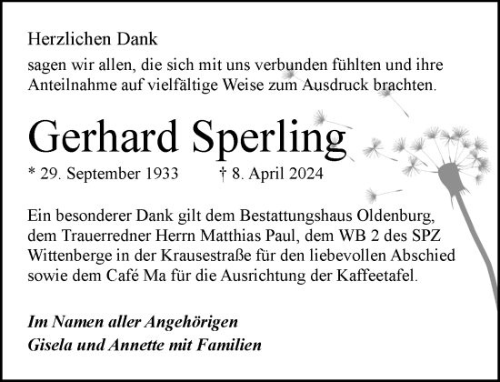 Traueranzeige von Gerhard Sperling 