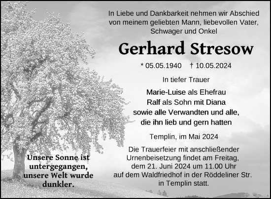 Traueranzeige von Gerhard Stresow von Uckermark Kurier Templiner Zeitung