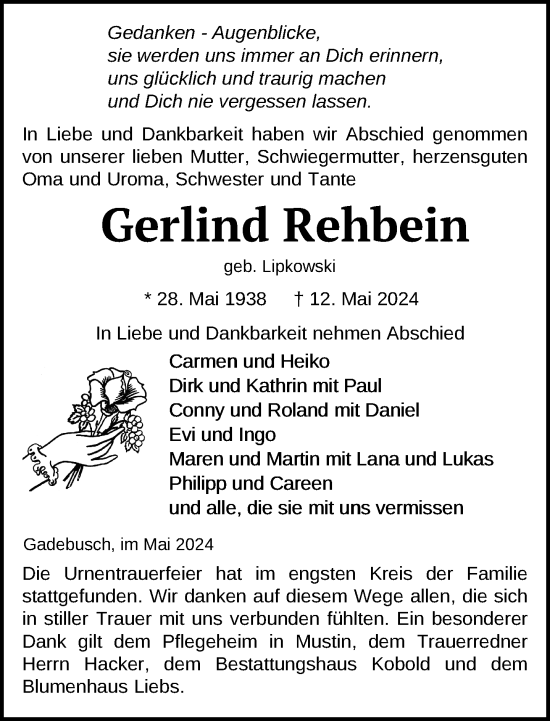 Traueranzeige von Gerlind Rehbein 