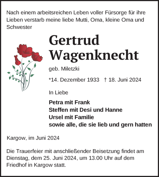 Traueranzeige von Gertrud Wagenknecht von Nordkurier Müritz-Zeitung