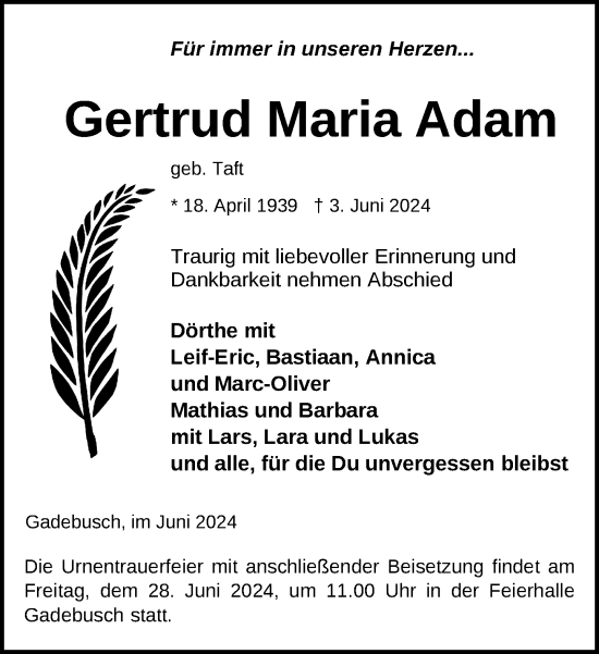 Traueranzeige von Gertrud Maria Adam von Gadebusch - Rehnaer Zeitung