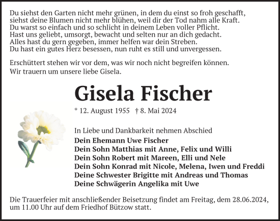 Traueranzeige von Gisela Fischer von Güstrow und Bützow