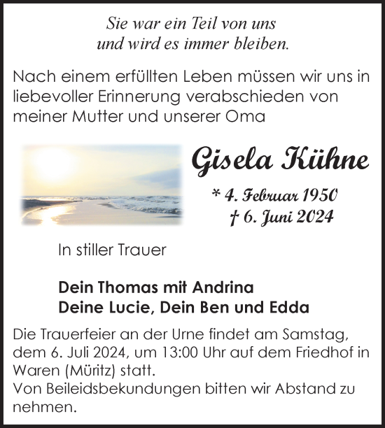 Traueranzeige von Gisela Kühne von Nordkurier Müritz-Zeitung