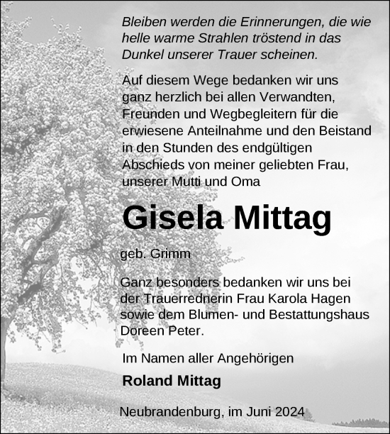Traueranzeige von Gisela Mittag von Nordkurier Neubrandenburger Zeitung