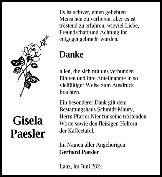 Traueranzeige von Gisela Paesler 