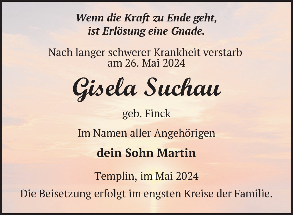  Traueranzeige für Gisela Suchau vom 01.06.2024 aus Uckermark Kurier Templiner Zeitung