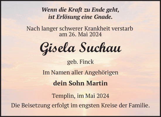 Traueranzeige von Gisela Suchau von Uckermark Kurier Templiner Zeitung