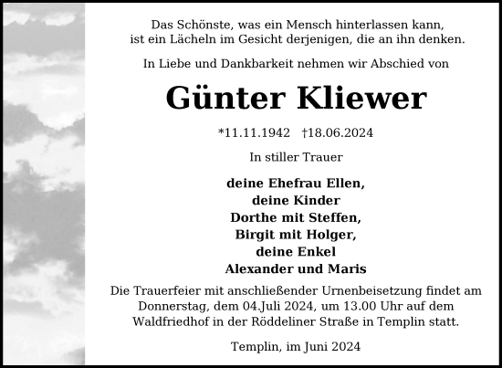 Traueranzeige von Günter Kliewer von Uckermark Kurier Templiner Zeitung