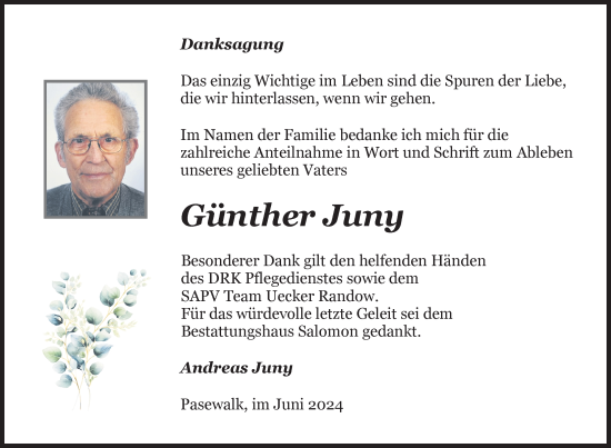 Traueranzeige von Günther Juny von Nordkurier Pasewalker Zeitung