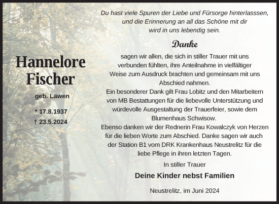 Traueranzeige von Hannelore Fischer von Nordkurier Strelitzer Zeitung