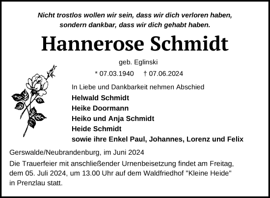 Traueranzeige von Hannerose Schmidt von Nordkurier Neubrandenburger Zeitung