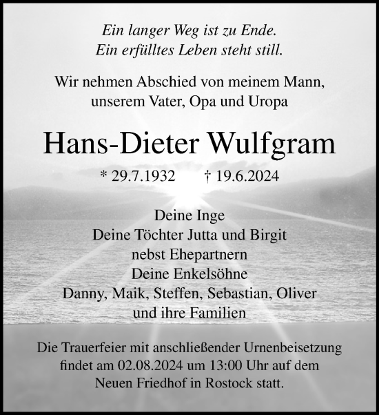 Traueranzeige von Hans-Dieter Wulfgram von Norddeutsche Neueste Nachrichten