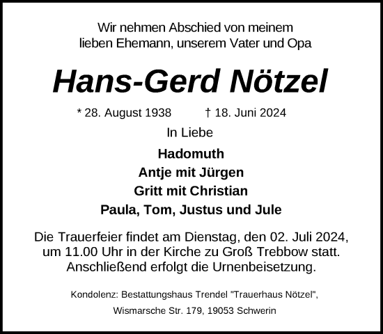 Traueranzeige von Hans-Gerd Nötzel von Zeitung für die Landeshauptstadt