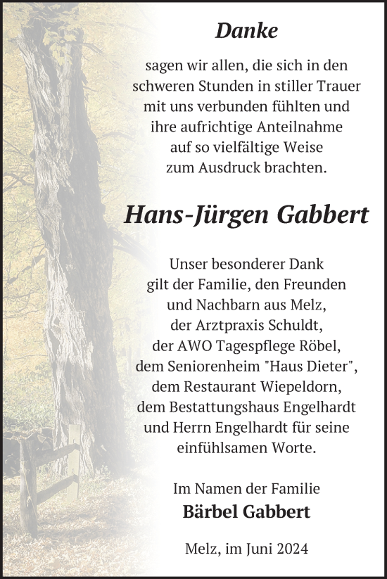 Traueranzeige von Hans-Jürgen Gabbert von Nordkurier Müritz-Zeitung