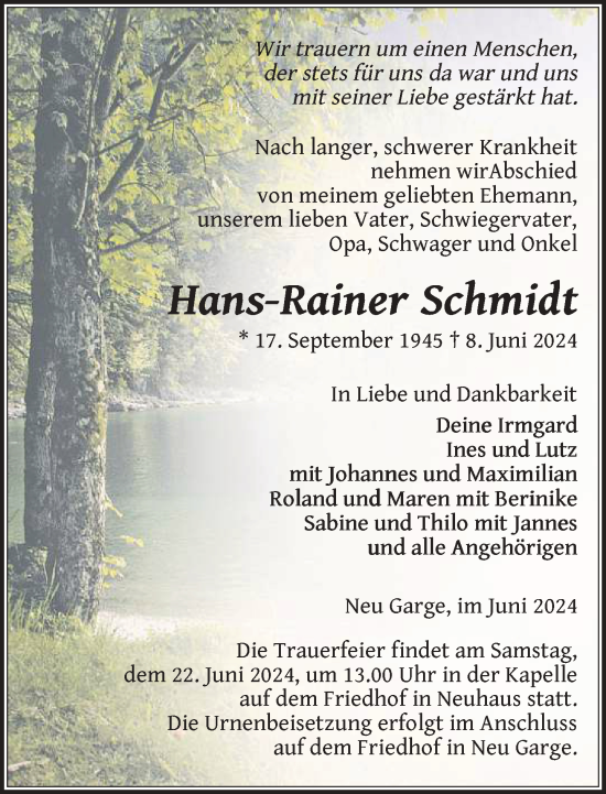 Traueranzeige von Hans-Rainer Schmidt von Hagenower Kreisblatt