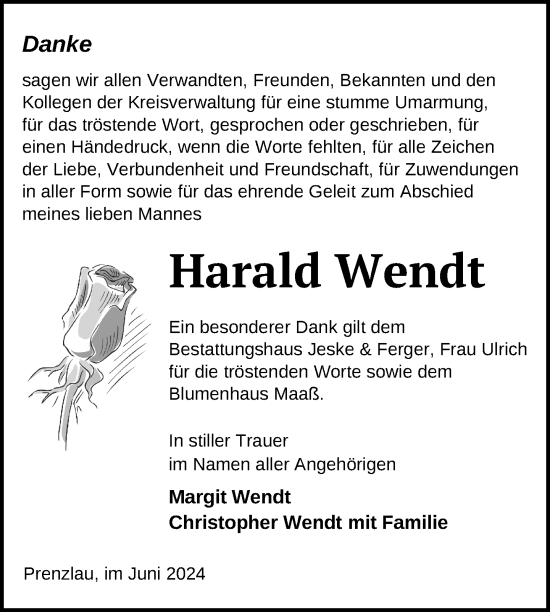 Traueranzeige von Harald Wendt von Uckermark Kurier Prenzlauer Zeitung