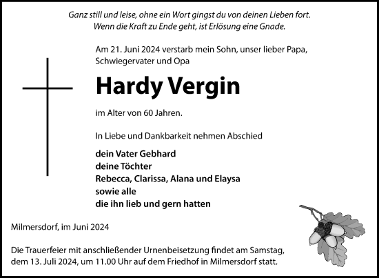 Traueranzeige von Hardy Vergin von Uckermark Kurier Templiner Zeitung