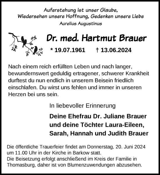 Traueranzeige von Hartmut Brauer von Parchim und Lübz
