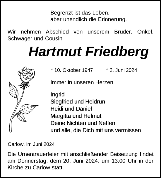 Traueranzeige von Hartmut Friedberg von Gadebusch - Rehnaer Zeitung