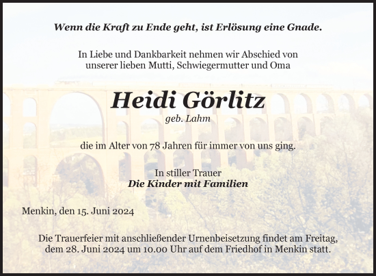 Traueranzeige von Heidi Görlitz von Uckermark Kurier Prenzlauer Zeitung