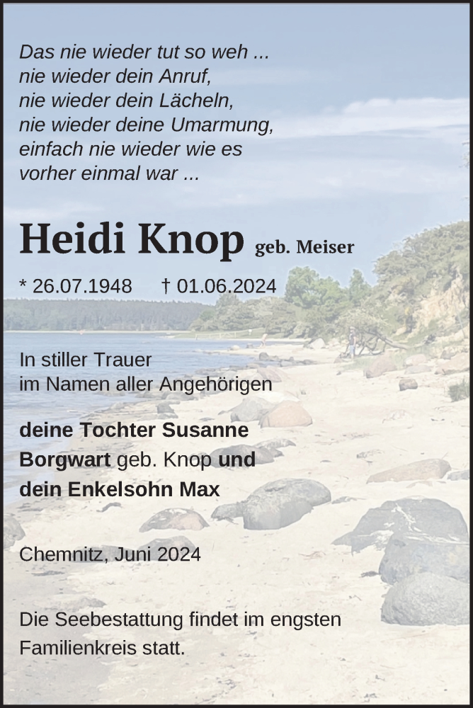  Traueranzeige für Heidi Knop vom 08.06.2024 aus 