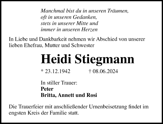 Traueranzeige von Heidi Stiegmann von Norddeutsche Neueste Nachrichten