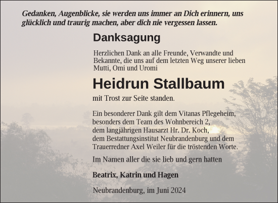 Traueranzeige von Heidrun Stallbaum von Nordkurier Neubrandenburger Zeitung