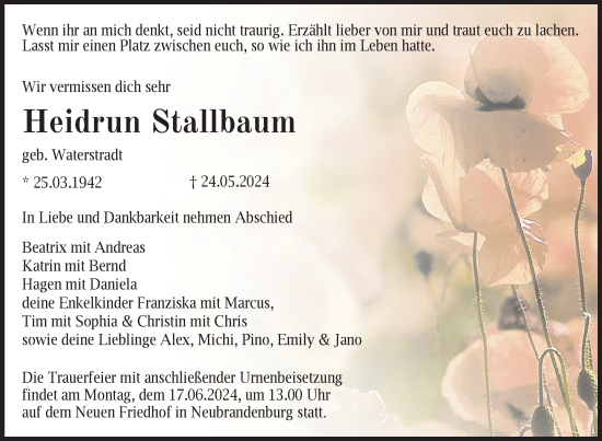 Traueranzeige von Heidrun Stallbaum von Nordkurier Neubrandenburger Zeitung