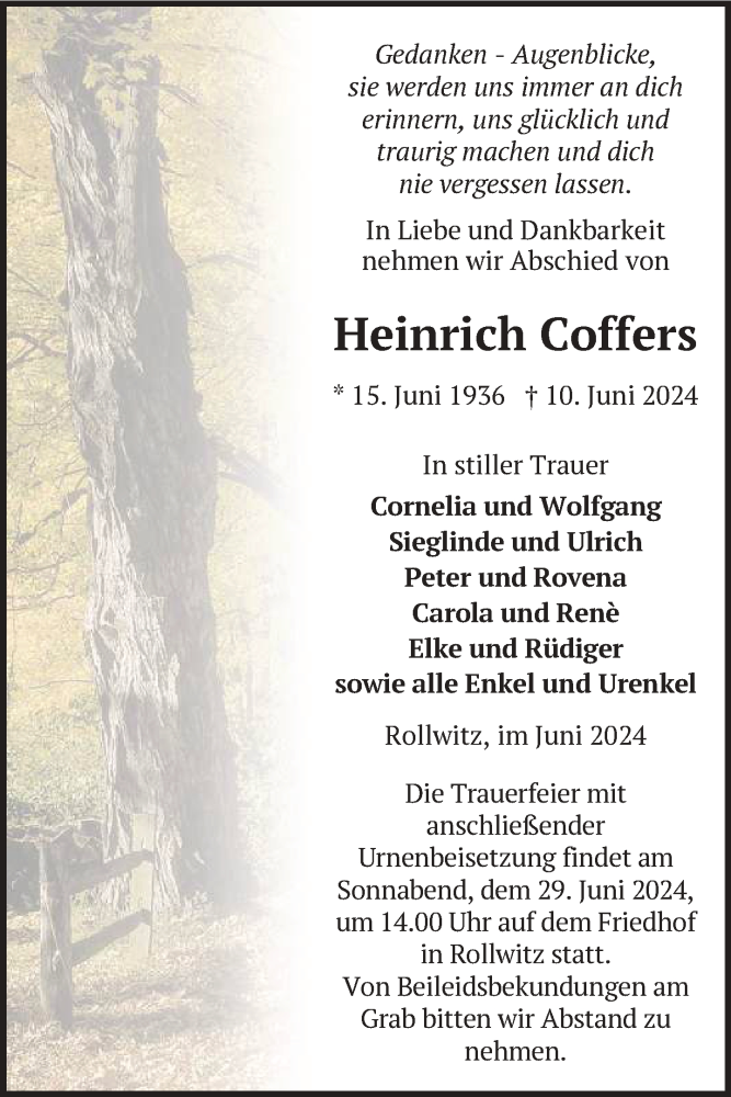  Traueranzeige für Heinrich Coffers vom 15.06.2024 aus Nordkurier Pasewalker Zeitung