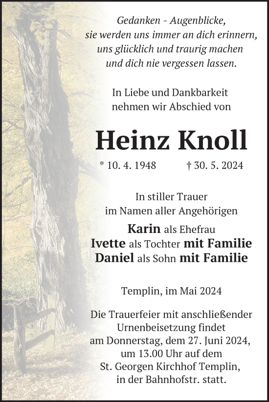 Traueranzeige von Heinz Knoll von Uckermark Kurier Templiner Zeitung