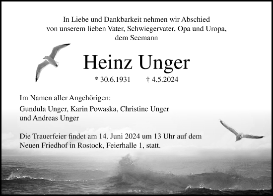 Traueranzeige von Heinz Unger 