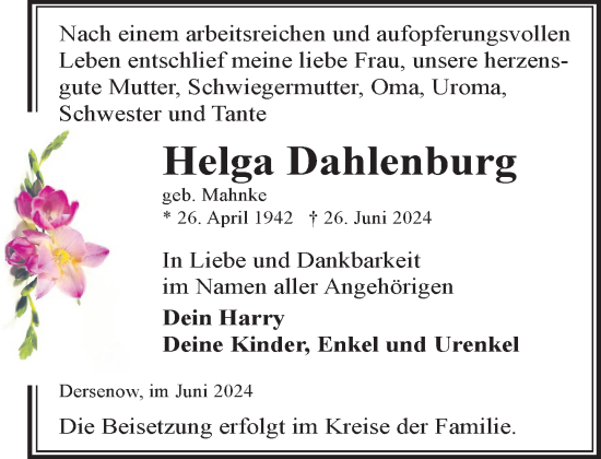 Traueranzeige von Helga Dahlenburg von Hagenower Kreisblatt