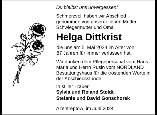 Traueranzeige von Helga Dittkrist von Nordkurier Neubrandenburger Zeitung