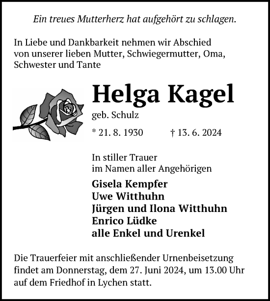 Traueranzeige von Helga Kagel von Uckermark Kurier Templiner Zeitung