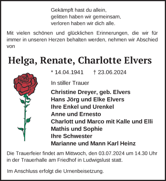 Traueranzeige von Helga Renate Charlotte Elvers von Hagenower Kreisblatt