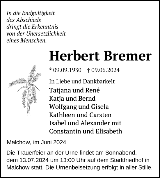 Traueranzeige von Herbert Bremer von Nordkurier Müritz-Zeitung