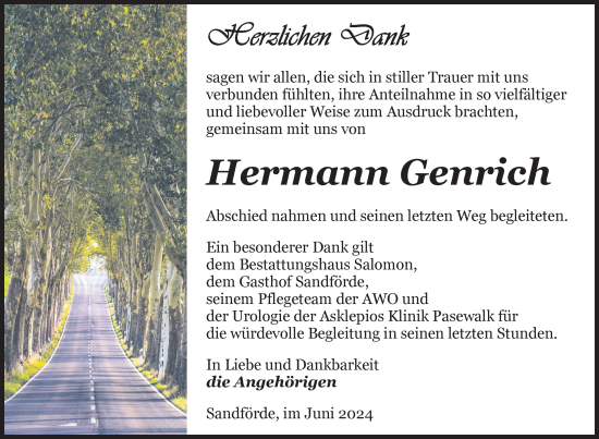 Traueranzeige von Hermann Genrich von Nordkurier Pasewalker Zeitung