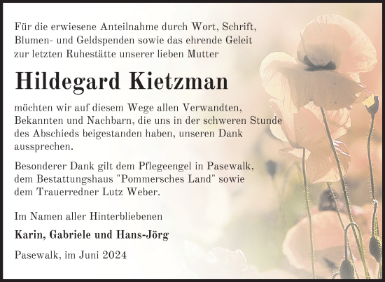Traueranzeige von Hildegard Kietzman von Nordkurier Pasewalker Zeitung