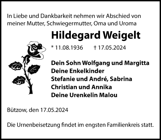 Traueranzeige von Hildegard Weigelt 